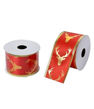 Clayre & Eef OUTLET Kerstlint 50 mm rood | Goudkleurig rendier