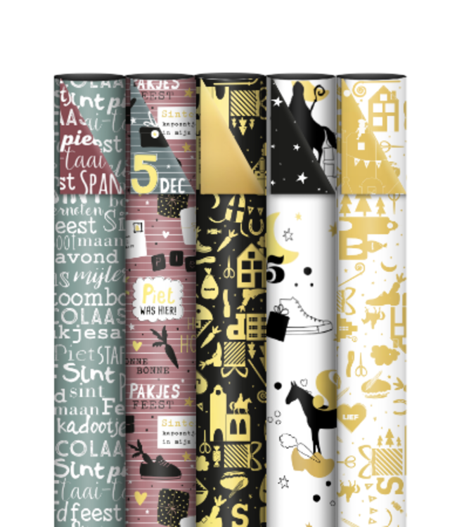 OUTLET Cadeaupapier Sinterklaas mixset | 5 rollen | 70 x 200 cm | dubbelzijdig