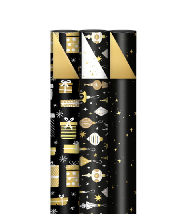 Cadeaupapier Kerst Black & Gold | 3 rollen | 70 x 200 cm | dubbelzijdig