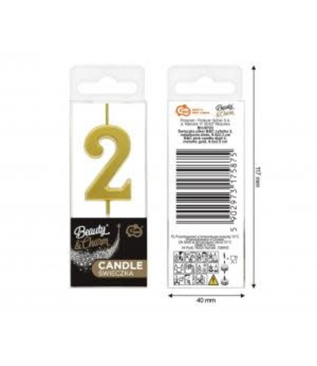 Kaarsje cijfer 2 | Metallic goud | 9.5cm