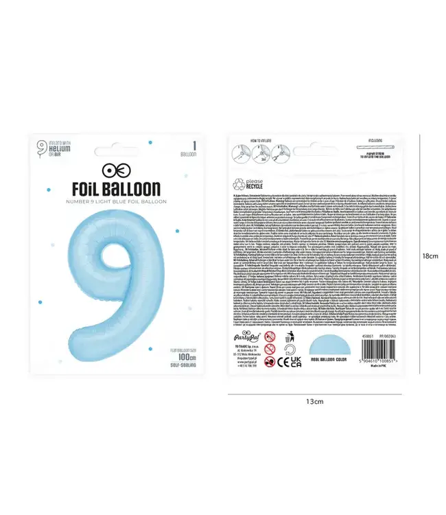 Cijferballon 9 licht blauw | 100cm