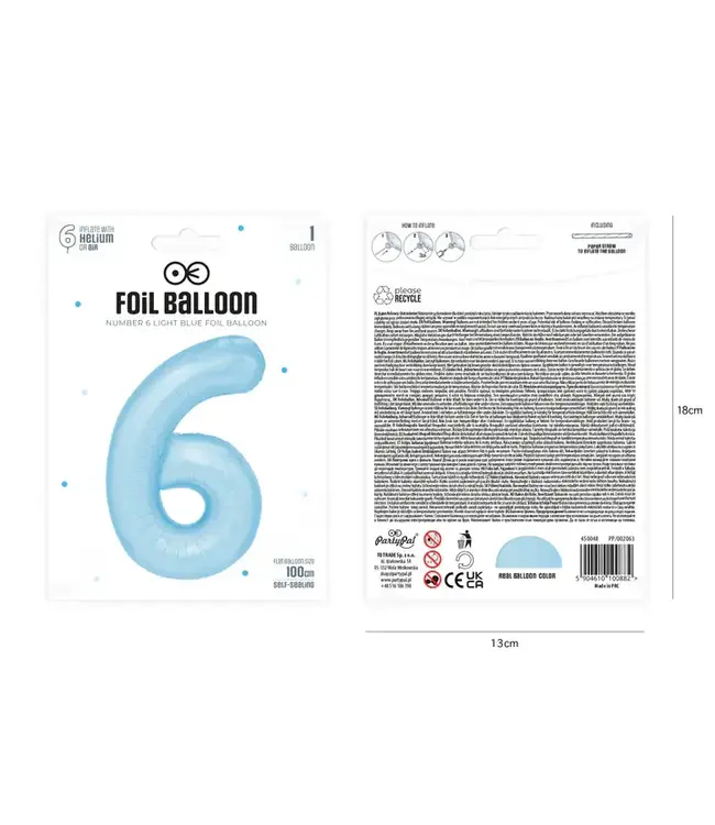 Cijferballon 6 Licht blauw | 100cm