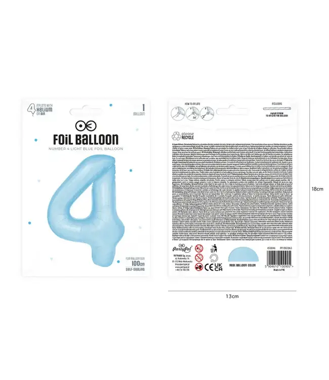 Cijferballon 4 licht blauw | 100cm