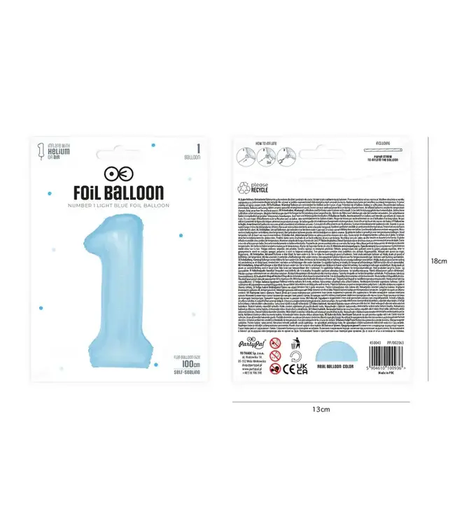 Cijferballon 1 licht blauw | 100cm