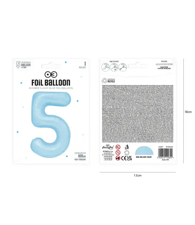 Cijferballon 5 licht blauw | 100cm