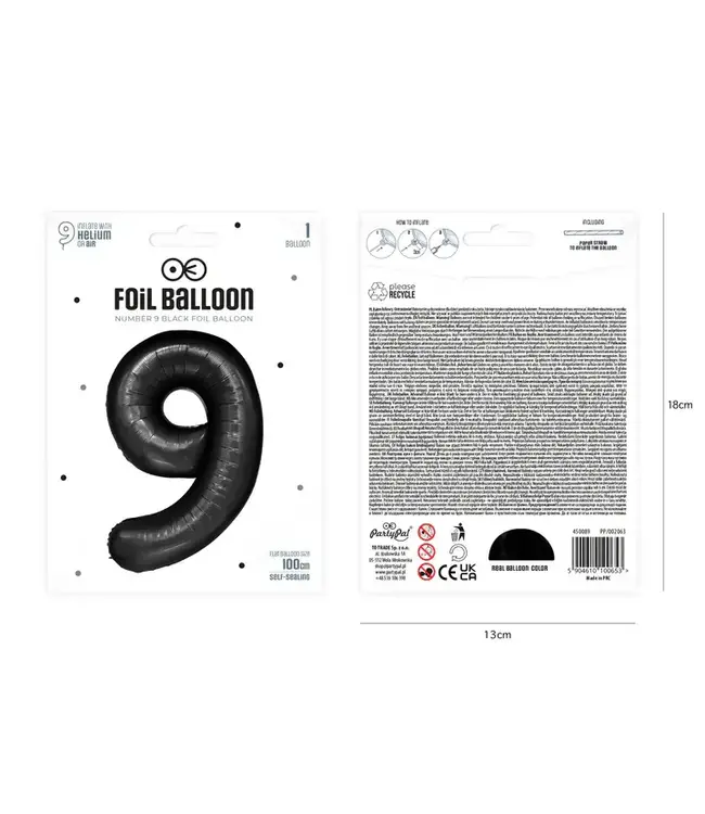 Cijferballon 9 Zwart | 100cm