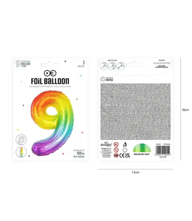 Cijferballon 9 Regenboog | 100cm