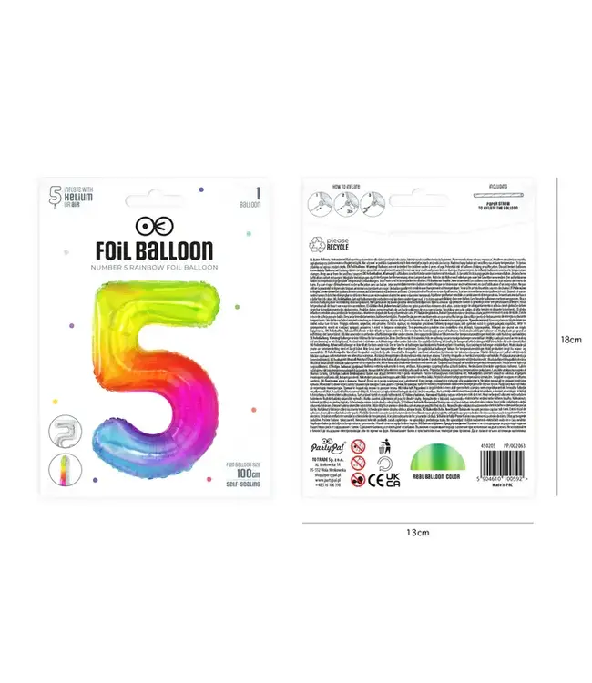 Cijferballon 5 Regenboog | 100cm