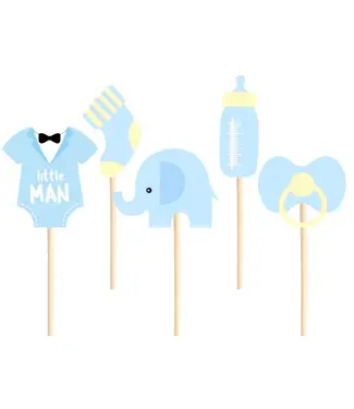 PartyPal Taarttoppers Babyshower olifant blauw | 5 stuks | ca 10cm