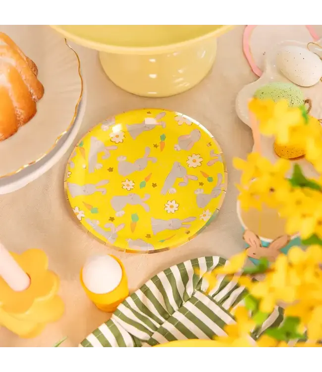 Papieren bordjes Paashaas | geel, blauw en roze | 6 stuks