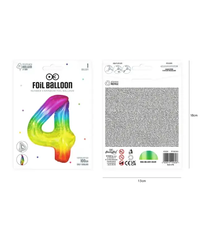 Cijferballon 4 Regenboog | 100cm