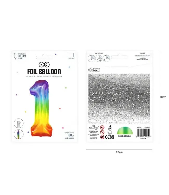 Cijferballon 1 Regenboog | 100cm