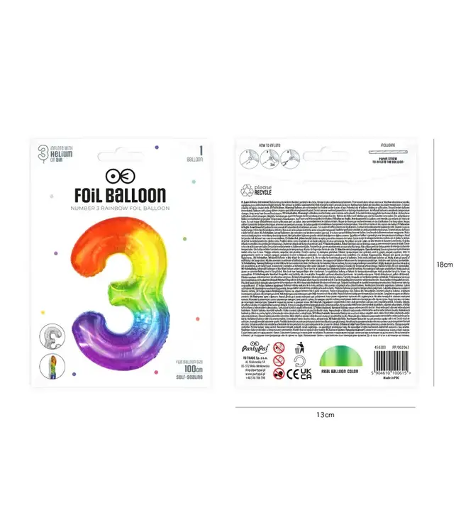 Cijferballon 3 Regenboog | 100cm