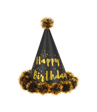 PartyPal Verjaardagsmuts Happy Birthday zwart goud