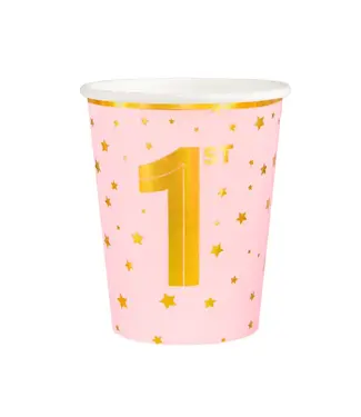 PartyPal Papieren bekers Roze met sterren 1 jaar | 6 stuks