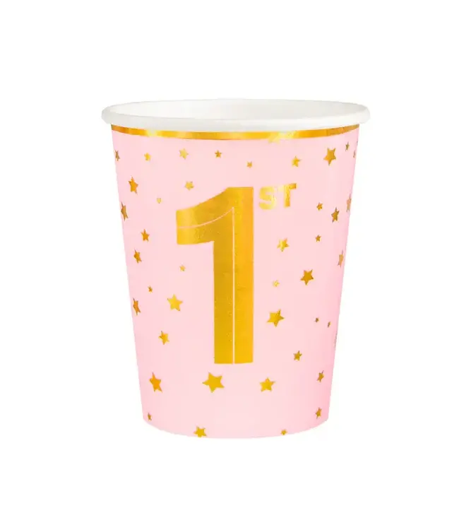Papieren bekers Roze met sterren 1 jaar | 6 stuks