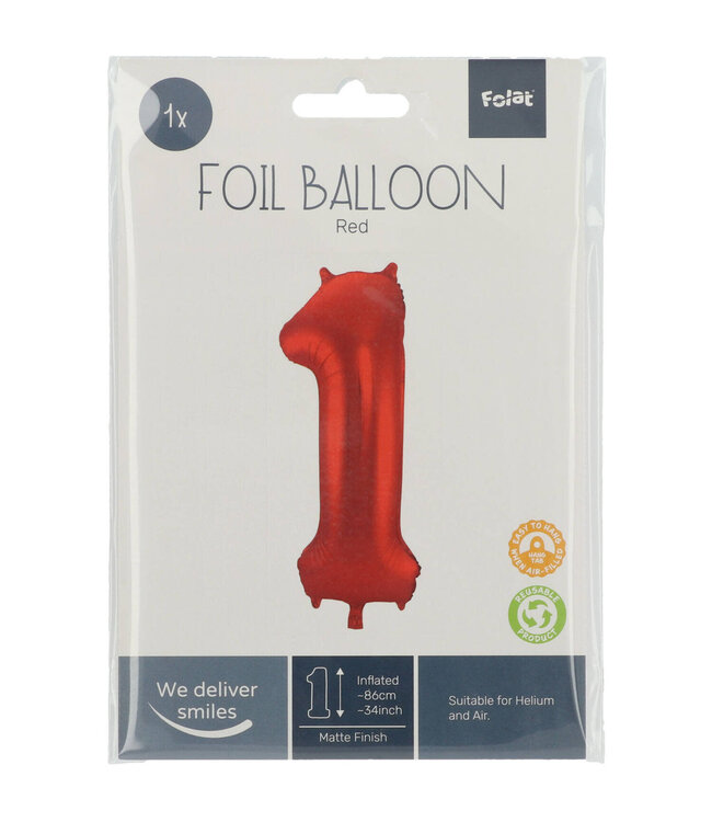 Cijferballon 1 rood - 86 cm