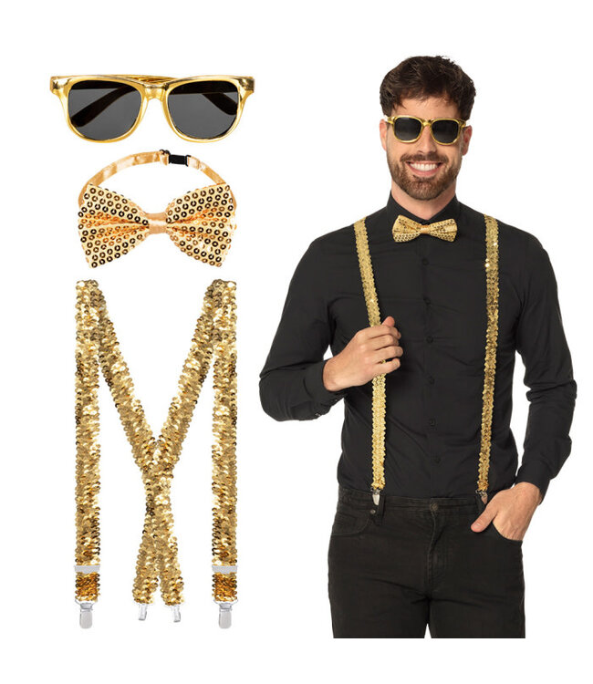 Pailletten goud accessoires | Bretels, bril, strikje
