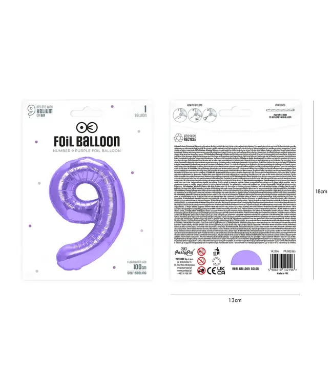 Cijferballon 9 paars | 100 cm