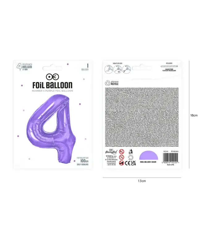 Cijferballon 4 paars | 100 cm