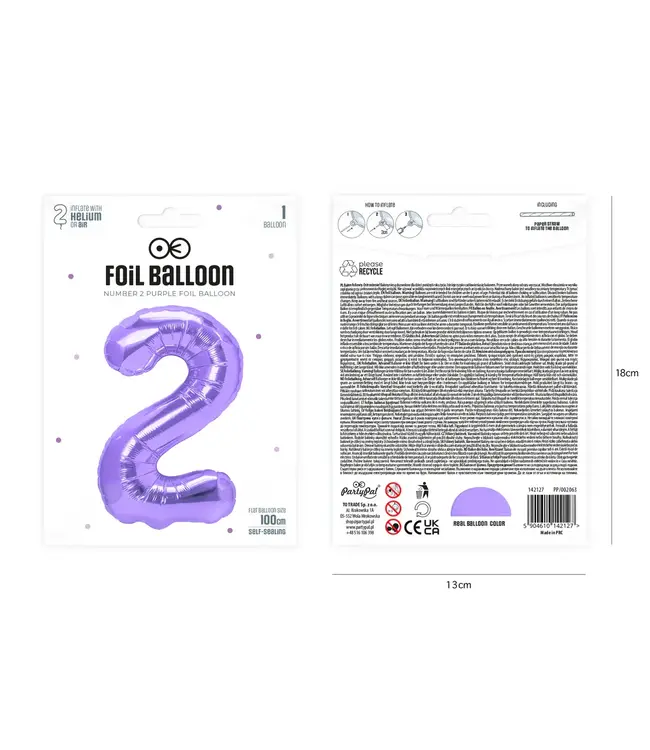 Cijferballon 2 paars | 100 cm