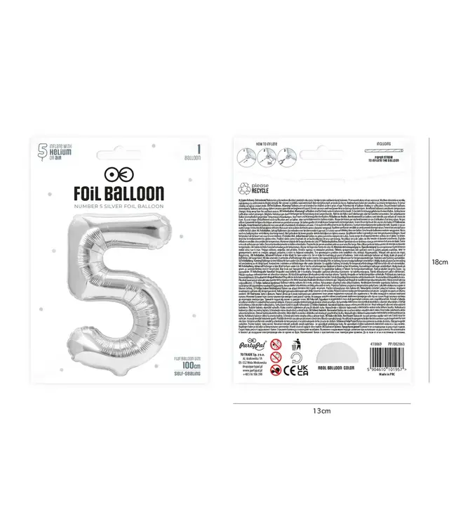 Cijferballon 5 zilver | 100 cm