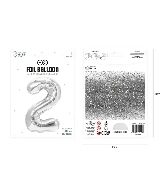 Cijferballon 2 zilver | 100 cm