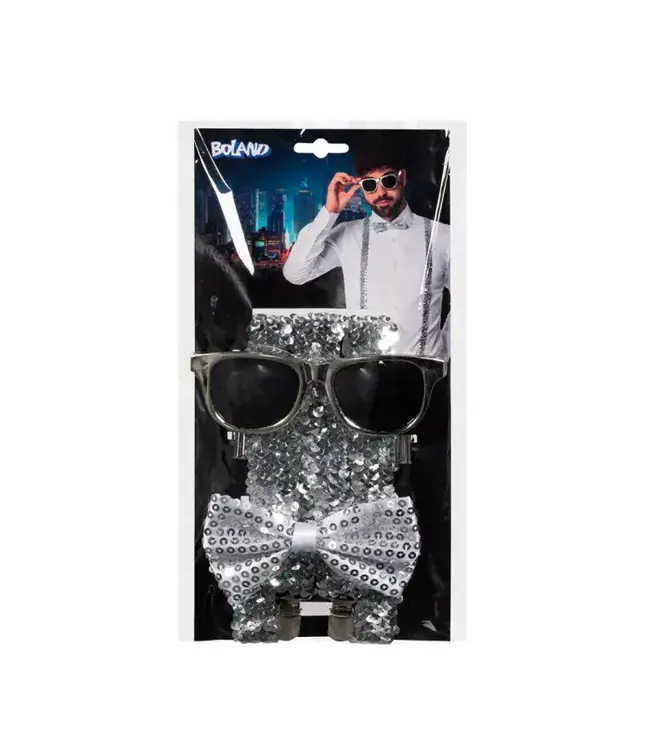 Accessoires zilver pailletten | Bretels, bril, strikje