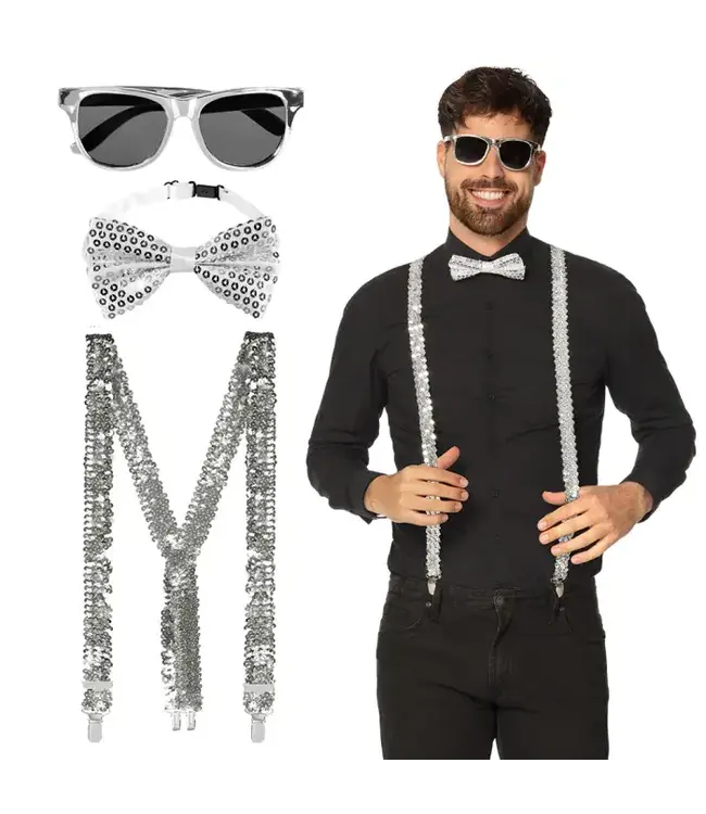 Accessoires zilver pailletten | Bretels, bril, strikje