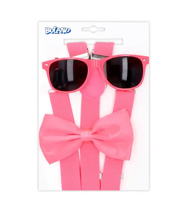 Accessoireset NEON roze | Bretels, bril & strikje