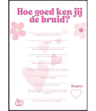 Feestdeco Wedding Stationary Vrijgezellenfeest GAME | Hoe goed ken jij de bruid? A5-Roze | 10 stuks
