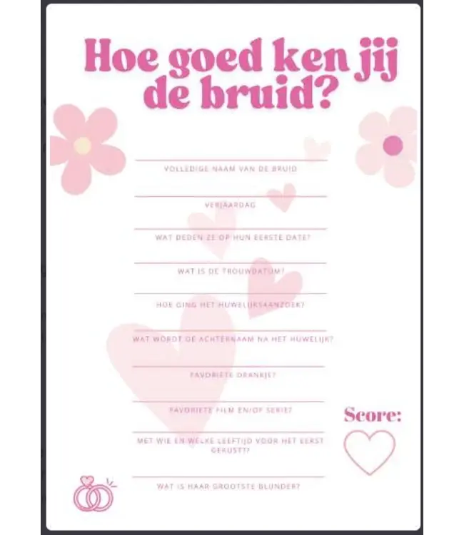 Vrijgezellenfeest Hoe goed ken jij de bruid A4 | 10 stuks