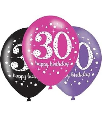 Amscan Ballonnen Happy Birthday 30 | 6 stuks | Roze/paars/zwart