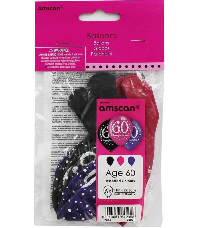 Ballonnen 60 Happy Birthday | Roze, paars, zwart | 6 stuks
