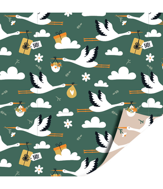 KP Cadeaupapier ooievaar baby | 70cm x 2m | Dubbelzijdig