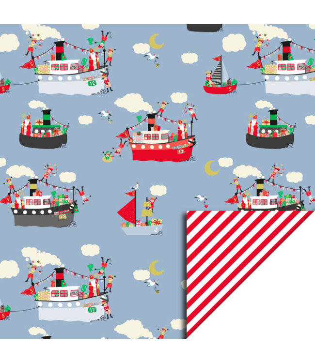 Cadeaupapier Sint - Pakjesboot Blue - Stripes Red | 70cm x 3 m | Dubbelzijdig