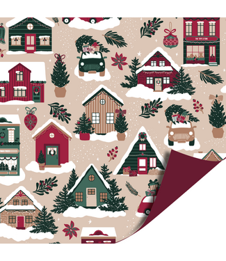 KP Cadeaupapier Kersthuisjes | 70cm x 2m | Dubbelzijdig