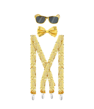 PartyPal Accessoireset gouden pailletten | Bretels, zonnebril, strikje