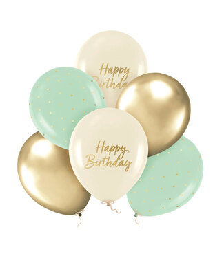 PartyPal Happy Birthday Ballonnen Groen, Beige en Goud 30 cm | 6 Stuks