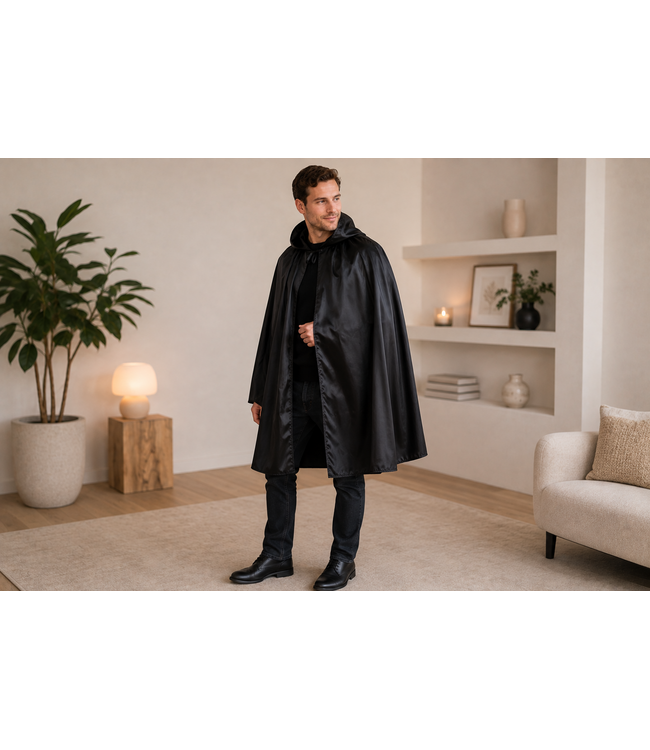 Cape met capuchon luxe zwart satijn | 130cm