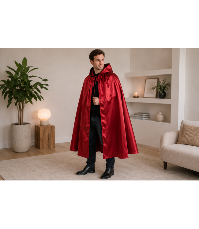 Cape met capuchon luxe rood satijn | 130 cm