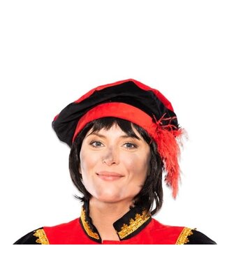 Pietbaret fluweel met veer rood/zwart