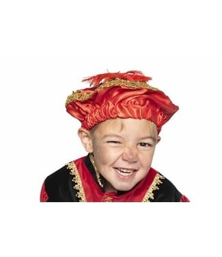 Pietbaret satijn met veer rood Onesize