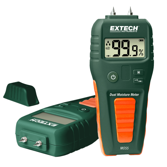 EXTECH Quickly perform moisture measurements on wood and building materials with the Extech MO55 Pinless moisture meter. Easy to operate with display icons showing moisture levels plus an audible alarm function. Ideal for restoration projects and applications wh
