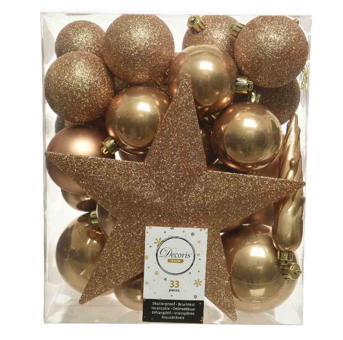 Kerstballen mixbox 33-delig | kunststof/onbreekbaar | camel bruin| diverse maten
