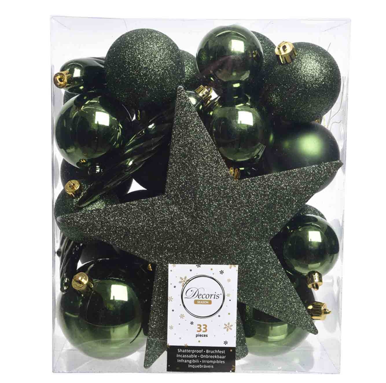 Kerstballen mixbox 33-delig | kunststof/onbreekbaar | dennengroen | diverse maten