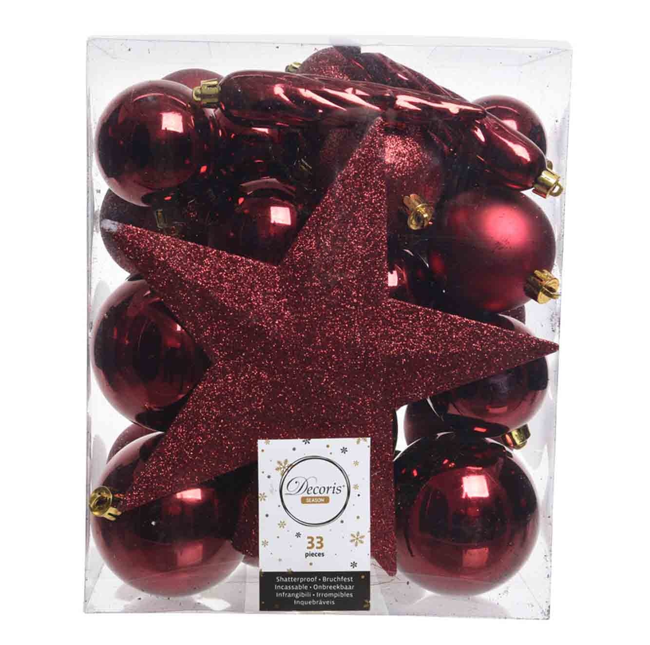 Kerstballen mixbox 33-delig | kunststof/onbreekbaar | donkerrood | diverse maten