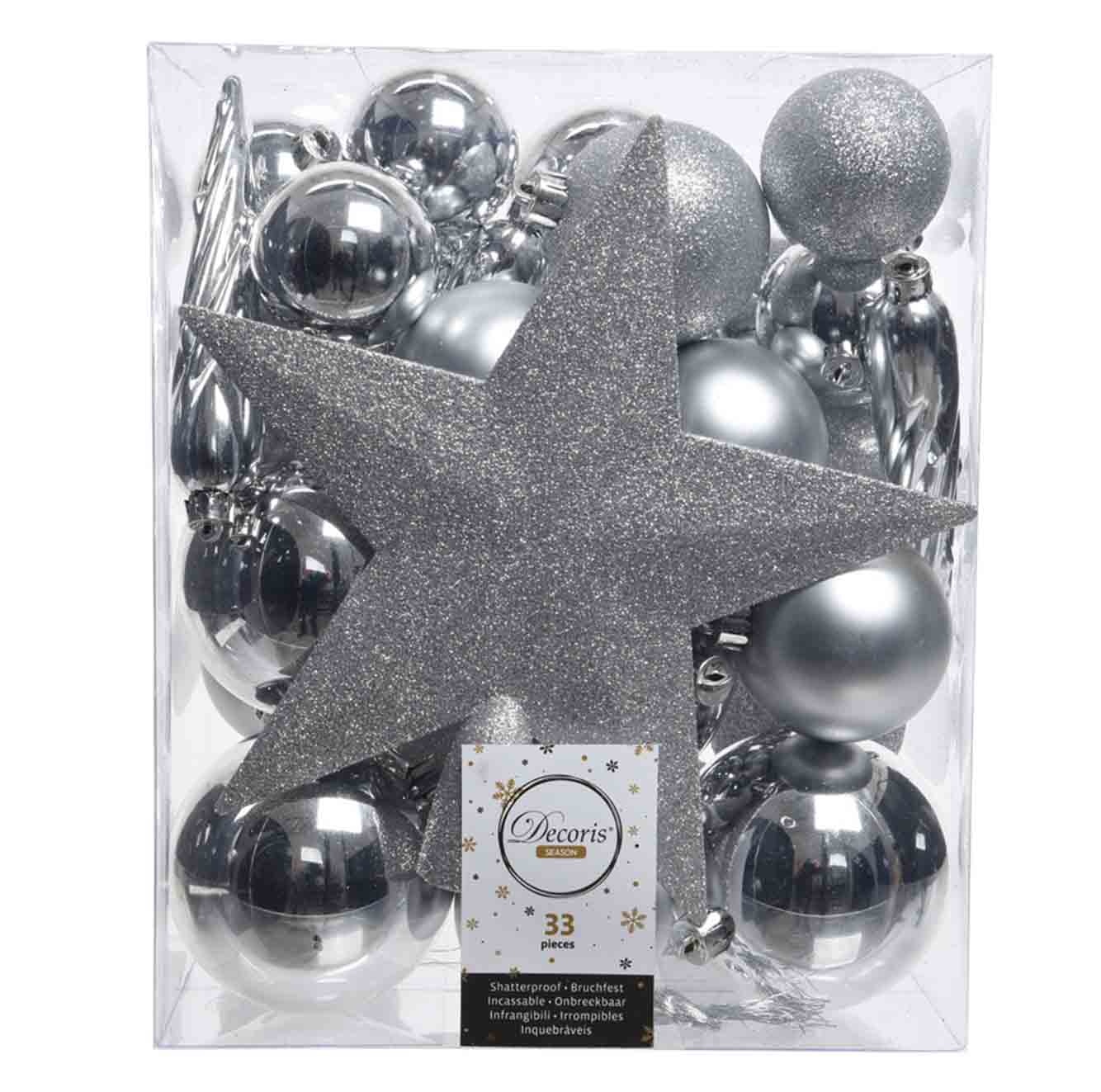 Kerstballen mixbox 33-delig | kunststof/onbreekbaar | zilver | diverse maten