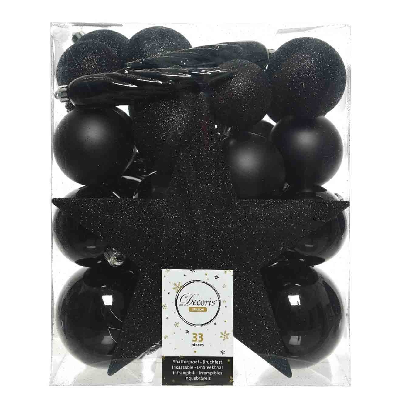 Kerstballen mixbox 33-delig | kunststof/onbreekbaar | zwart | diverse maten