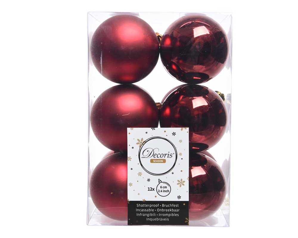 Kerstballen set 12-delig | kunststof/onbreekbaar | donkerrood | 6cm